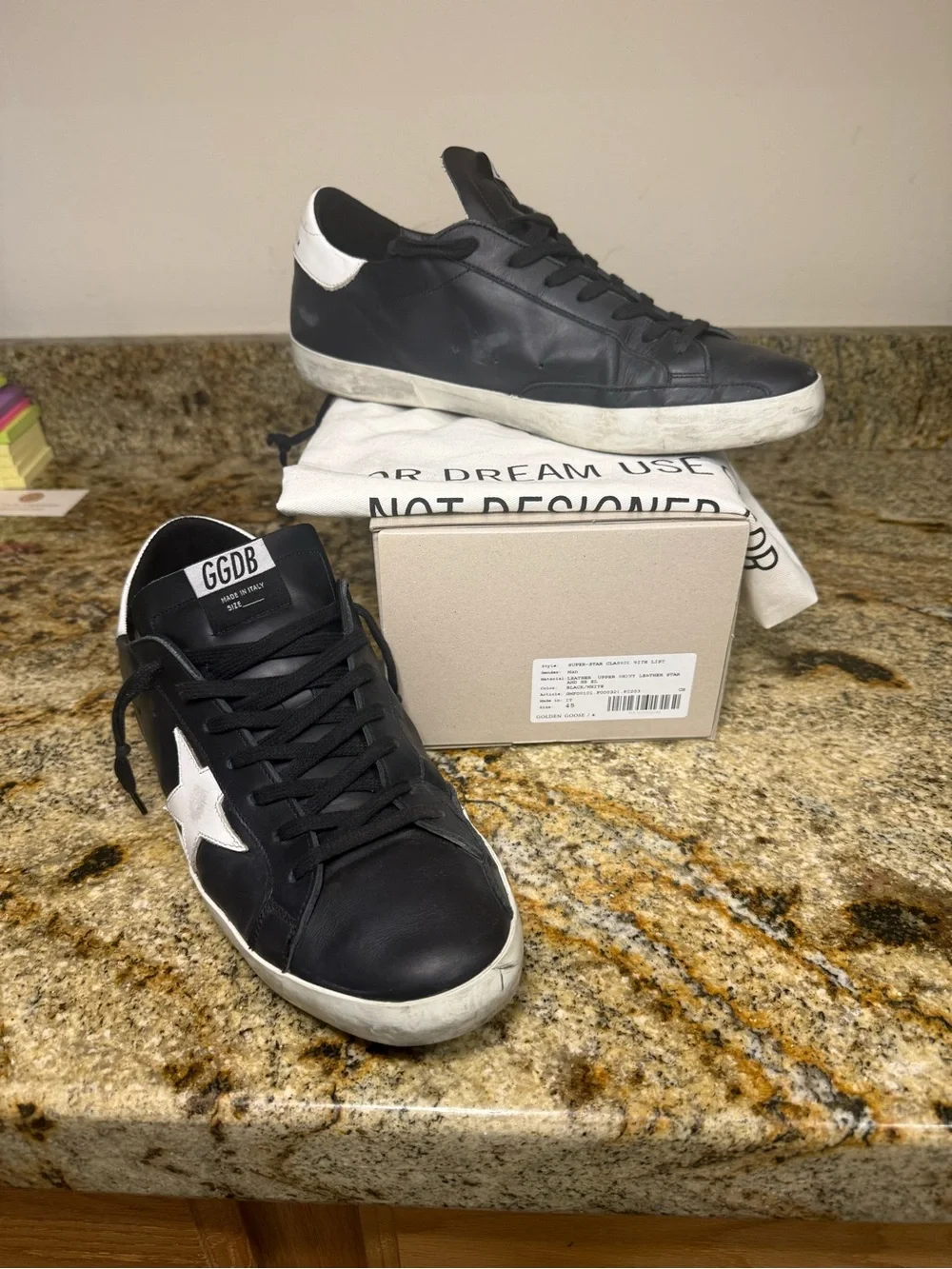 Golden Goose Super Star - Black Leather Low-Top Sneaker with White Star, size 45